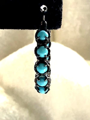 SLEEPING BEAUTY TURQUOISE BLACK RHODIUM PLATED SS HOOP EARRINGS (M3092-22) - Image 1 of 4