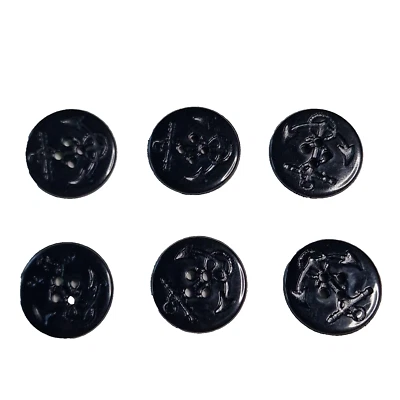 6 Black Anchor Pattern Buttons 20mm 4 Hole Round Flat -Sewing Art Craft Crafting - Image 1 of 4
