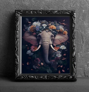 Floral Elephant Art Print Wall Hanging Animal Flowers Picture Photo Wildlife - Picture 1 of 5