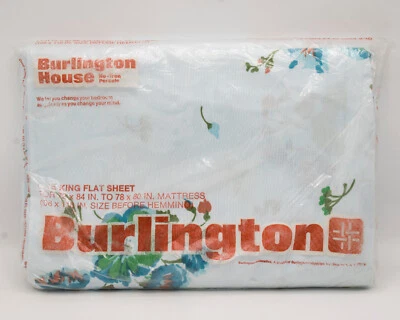 Vintage 70s Burlington House Light Blue Floral King Flat Sheet USA Made NEW - Image 1 of 4