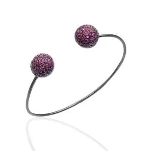 925 Sterling Silver Black Rhodium Natural Red Ruby Womens Cuff Bracelet Handmade - Picture 1 of 4
