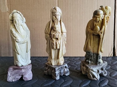 Juego de 3 estatuas inmortales antiguas chinas talladas a mano Fu Lu & Shou de colección Foto 1 de 4