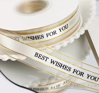 1" x 50 Yards Beige & Gold Ribbon Best Wishes For You Letters - Image 1 of 2