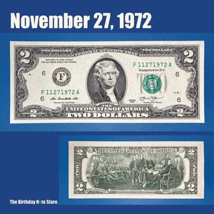 November 27, 1972 Birthday Anniversary $2 Two Dollar Bill Serial Number 11271972 - Picture 1 of 2