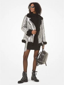 MICHAEL KORS Metallic Silver Black Faux Fur Shearling-Trim Mid Moto Jacket Large - Bild 1 von 15