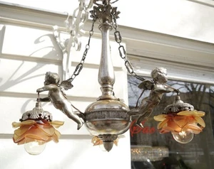 CHERUBS CHANDELIER ANTIQUE ART NOUVEAU BRONZE SILVER FINISH 3 LAMP c. 1910 Ø 22" - Picture 1 of 13