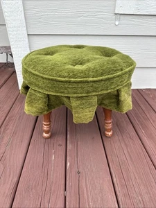 VTG MCM Round Green Ruffled Footstool 1970’s Retro Mid Century Modern - Picture 1 of 11