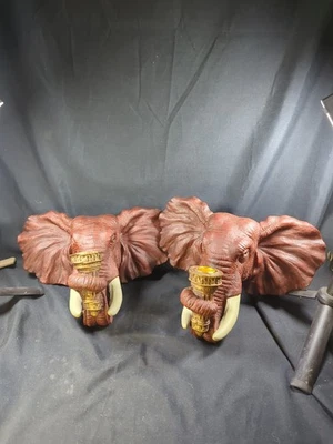 Pair 2 Design Toscano Elephant Torch Sculptural Wall Sconce Candle Stick Holders - Image 1 of 4