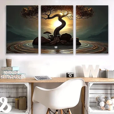 3pcs Bonsai Tree Sunset Vertical Nature Scenes Wall Art Canvas Framed 50x70cm - Image 1 of 2