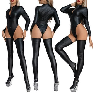 Damen Wetlook Leder Stringbody Reißverschluss Catsuit Body Overall mit Strümpfe - Bild 1 von 9