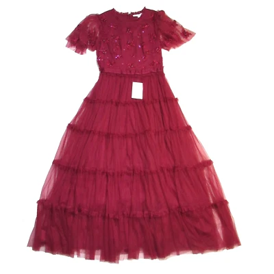 Nuevo con etiquetas Vestido Midi Ivy City Co. Anastasia en Rojo Oscuro Adornado Tul Volantes XS Foto 1 de 4