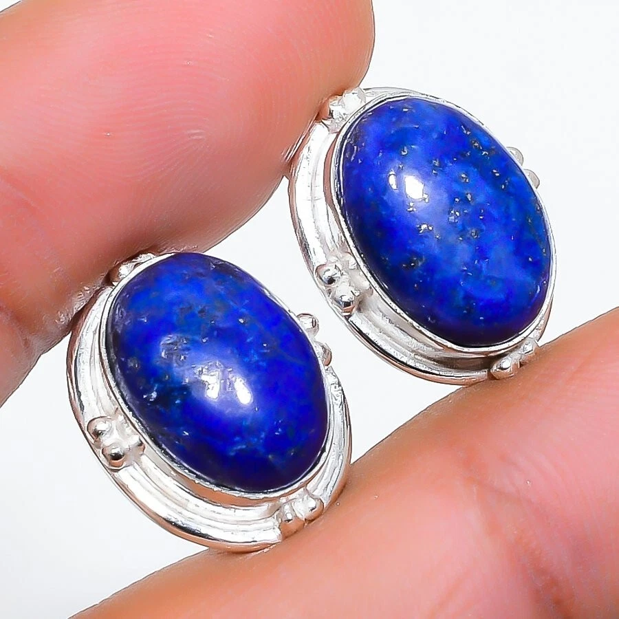 Lapis Lazuli Gemstone 925 Sterling Silver Jewelry Stud Earring Size 0.75" - Image 1 of 1