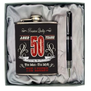 50th Fiftieth Birthday Milestone Black Stainless Steel Hip Flask, Pen Gift Box - Picture 1 of 1