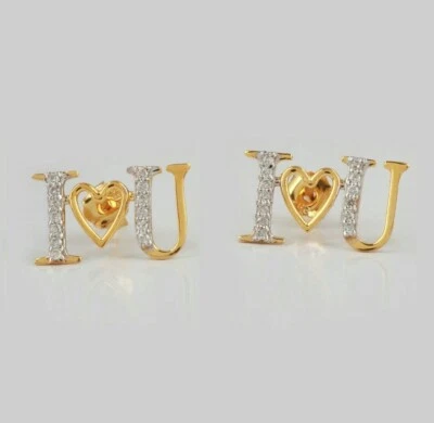 14K Solid Gold I Love U Sign Stud Earring Handmade Diamond earring For Women - Image 1 of 4