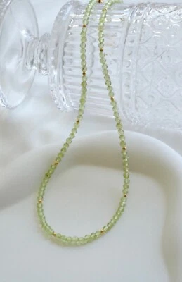 A++++ Nature Peridot Faceted Round Gemstone Gold Feld Beads Necklaces 24'' Women - Image 1 of 4