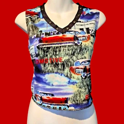 Vintage Derek Heart Y2K Cropped Classic Car Print Babydoll Tank Top 90s 2B - Image 1 of 4