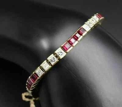 Lab-Created 12Ct Asscher Cut Diamond & Ruby Tennis Bracelet 14K Yellow Gold Over - Image 1 of 4