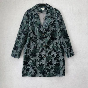 Sundance Coat Womens Large Blue Green Velvet Flocked Floral Button Pockets - Picture 1 of 9