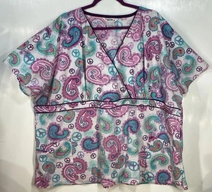 Scrub Top womens plus size 3X by Just Love peace signs paisley teal pink purple - Picture 1 of 3