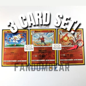 SCORBUNNY RABOOT CINDERACE REVERSE HOLO Sword & Shield Base 3 CARD Set LP/MP - Picture 1 of 9