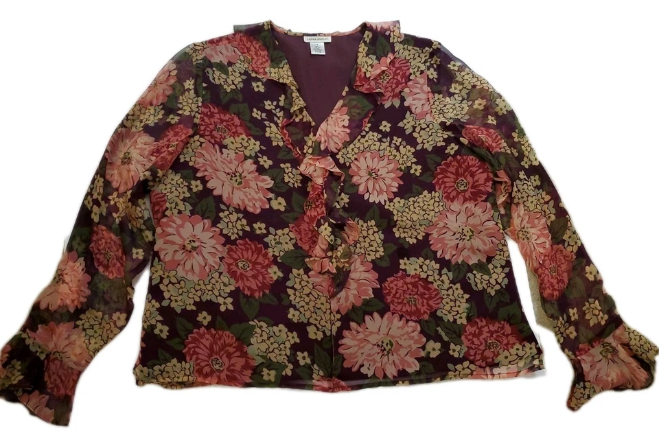 Blusa romántica vintage Laura Ashley 100 % seda con volantes talla 16 floral oscura años 90 Foto 1 de 4