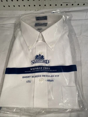 Camisa Para Hombres Stafford Mezcla Algodón Manga Corta Blanca Abotonada 17 1/2 Foto 1 de 3