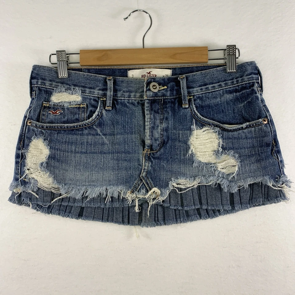 Hollister 女式 Y2K 微型迷你牛仔裤,尺寸 3 百褶荷叶边 Coquette 学院风 — 第 1/4 张图片