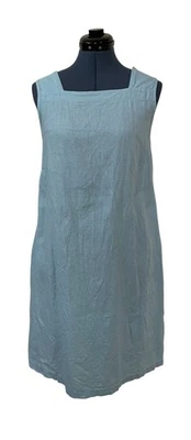Flax Blue Linen Sleeveless Shift Dress w Pockets Beach Coastal Preppy Boho S - Image 1 of 4