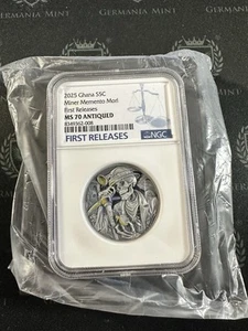 2025 Ghana 1 oz Silver High Relief Miner Memento Mori NGC MS70 Antiqued FR - Picture 1 of 3