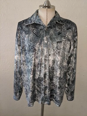 Rare Print Vintage 80s NWOT Koi Fish Silver Velour Velvet Button Up Shirt Men L - Image 1 of 4