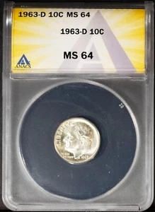 1963-D 10C Silver Roosevelt Head Dime MS 64 ANACS # 7622508 + Bonus - Picture 1 of 2