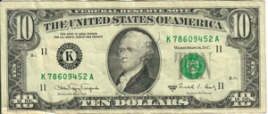 1988A 10$ Federal Reserve Note - Green Seal - CVV/NFB K78609452A - #13744 - Picture 1 of 2