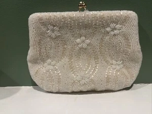 Vintage White Beaded Bridal Waldborg Small Purse W/ Gold Chain - Picture 1 of 4