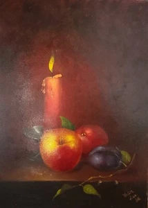 Candela frutta vintage natura morta olio su tela firmata Victor Lee 1986 - Foto 1 di 8