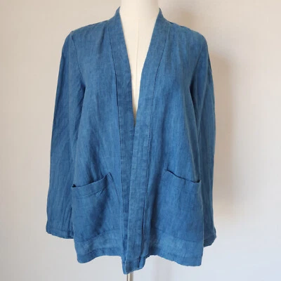Pure Jill 100% Linen Indigo Chambray Open Jacket Long Sleeve Pocket Women's XS - Image 1 of 4