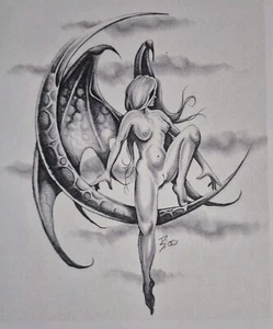 Moon Fairy VTG 2000 B&W Original Tattoo Art print 8X10 by Artist Damen Sawyer - Picture 1 of 2