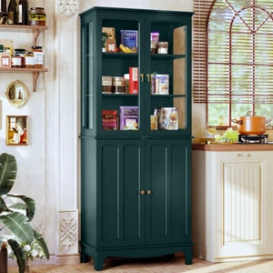 72" Freestanding Kitchen Pantry Storage Sideboard Cabinet with Glass Door Green - Picture 1 of 10