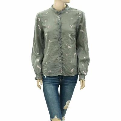 Odd Molly Anthropologie Buttondown 荷叶边衬衫上衣刺绣 S-1 全新 264582 — 第 1/4 张图片