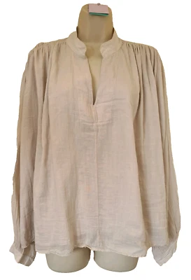Italian cotton blouse Ruched shoulder Grandad Collar long sleeve One Size 10-14 - Image 1 of 4