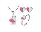 Silver Pink White Shell Love Heart Pearl Jewelry Set: Necklace+Earrings+Ring