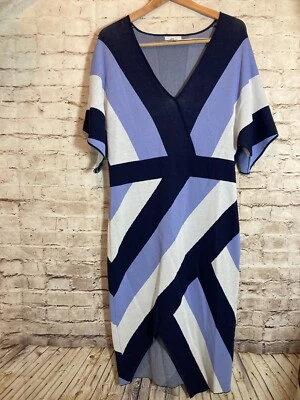 NY&Co. Vestido midi para mujer XL azul retro estampado en zig zag dobladillo asimétrico tejido elástico Foto 1 de 4