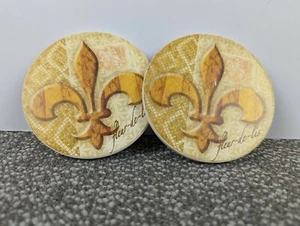 Set Of 2 Tile Coasters Fleur De Lis 4" Round Cork Base - Picture 1 of 12