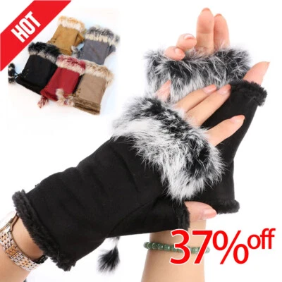1 Pair Womens Winter Fingerless Suede Fur Gloves Soft Warm Fleece Lined Mittens - Image 1 of 4