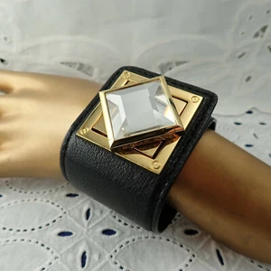 Michael Kors Wide Black Leather Clear Crystal Click Close Wrap 6 1/2" Bracelet - Picture 1 of 9