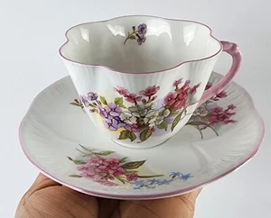 Shelley Stocks 13428 (Dainty Shape) Cup and Saucer Set - Pink Flowers, Pink Trim - Picture 1 of 11