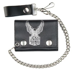 RIDE TO LIVE EAGLE WINGS UP TRIFOLD BIKER WALLET W CHAIN mens LEATHER #569 NEW - Picture 1 of 1