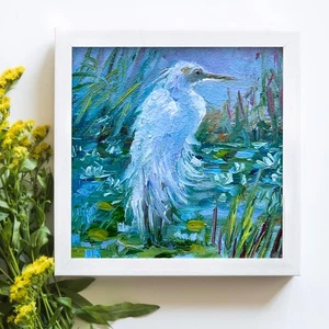 Original oil painting Heron 2 bird small art Nature Bird art 4x4in - Picture 1 of 7