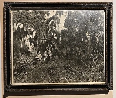Antique Framed B&W Photo - Boy & Older Man Hunting w/ Shotguns Rifles ~9x11" - Image 1 of 4