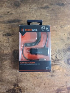 Black Web Car Charger 3 Ft Micro USB Coil Cable 3.1amp - Picture 1 of 3