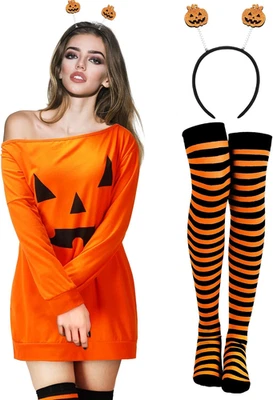 Fantasia de abóbora Halloween feminina adulta 2025 laranja vestido abóbora listrado apertado Ha - Imagem 1 de 4